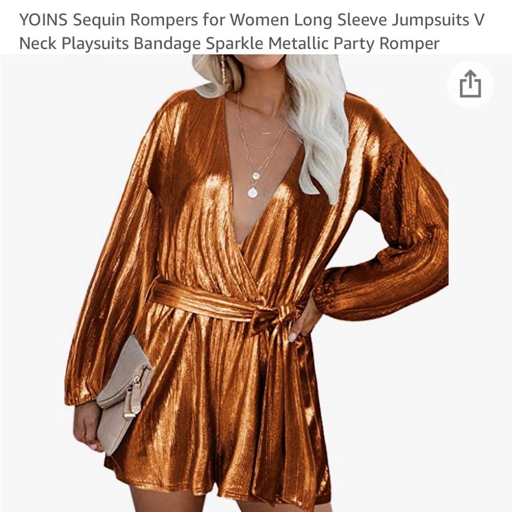 YOINS Sequin Rompers-Sparkle Orange Metallic Party Romper! Size Small.